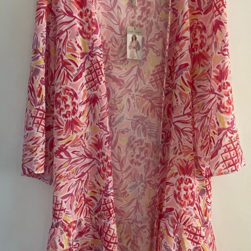 Charlie Paige sheer beach cover up kimono pink tropical S/M NWT